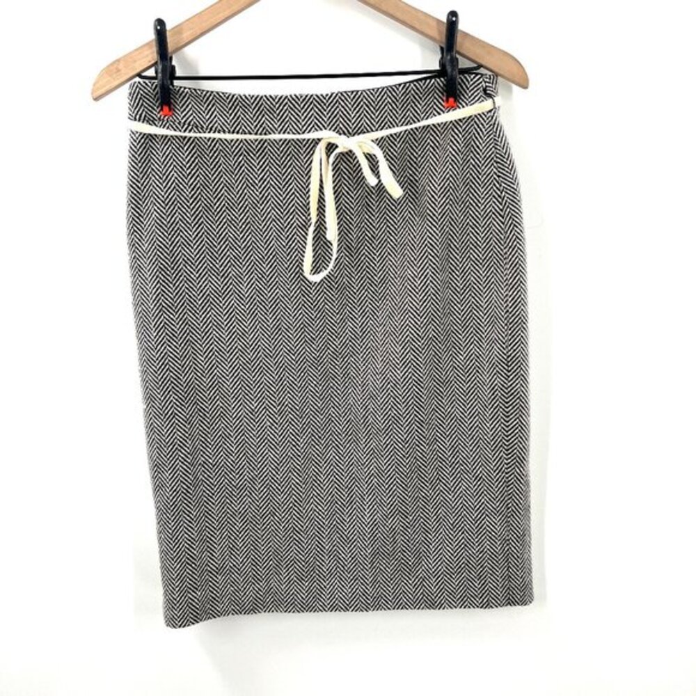 J. Crew wool blend herringbone belted pencil skirt black white preppy classic 4‎